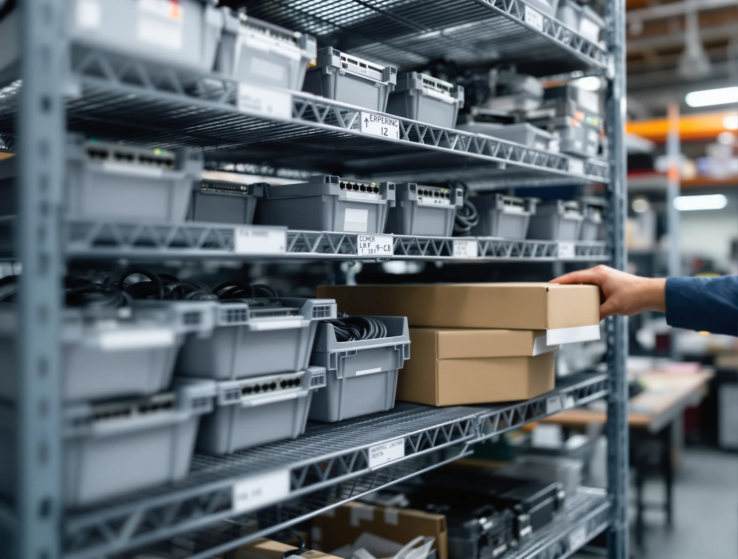 Shelving rack of labelled bins holding network switches, spare units and coiled cables, with a technician lifting a boxed replacement