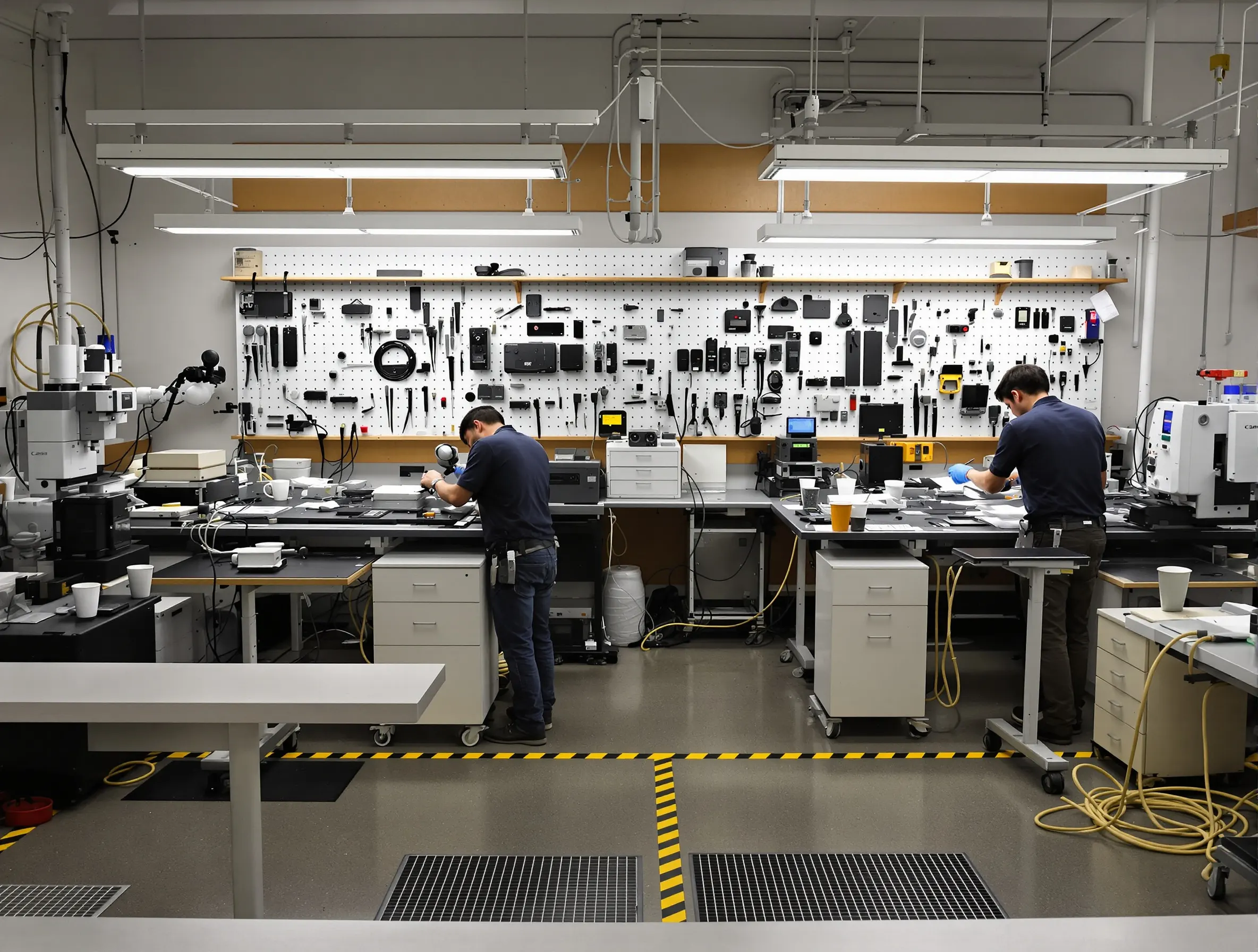 Technicians working at adjacent electronics repair benches beneath a tool pegboard