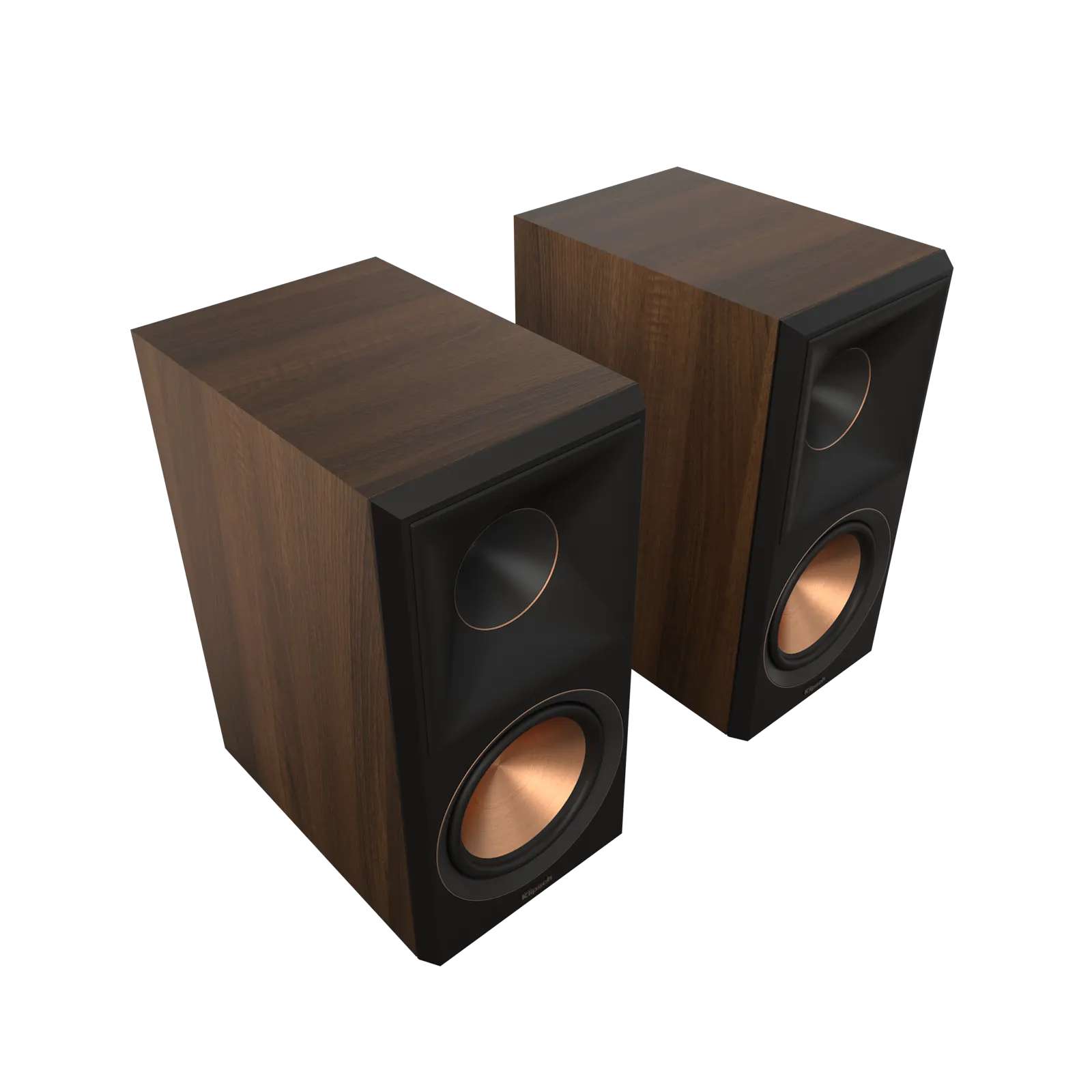 Pair of walnut bookshelf speakers with the grilles removed