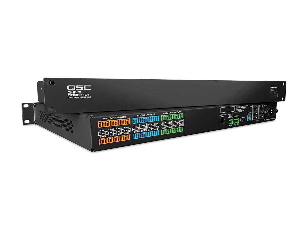 Rack-mount networked audio DSP processor, front and rear views showing colour-coded input and output terminal blocks