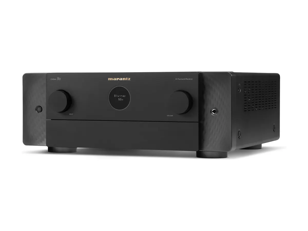 Home cinema A/V surround receiver with input and volume dials and a round front-panel display