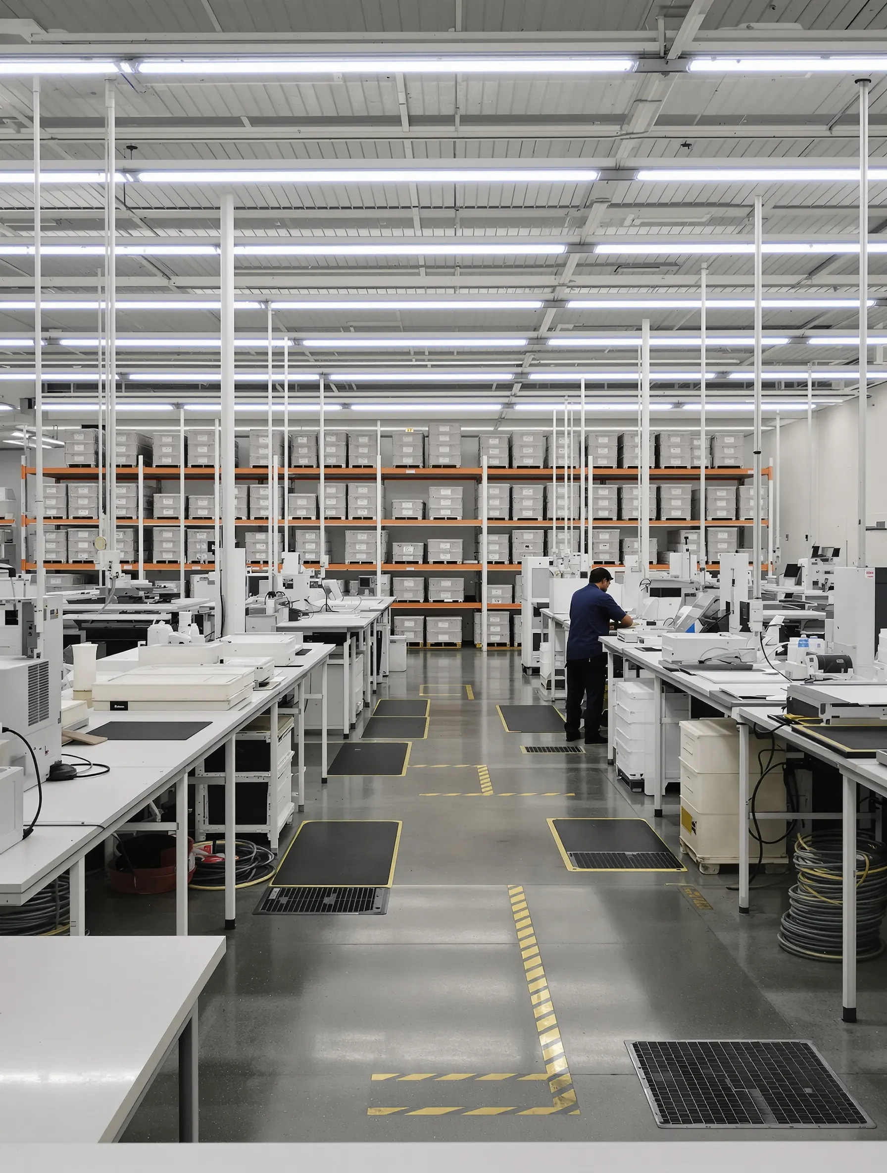 Rows of electronics repair workbenches on the depot floor with a technician at work