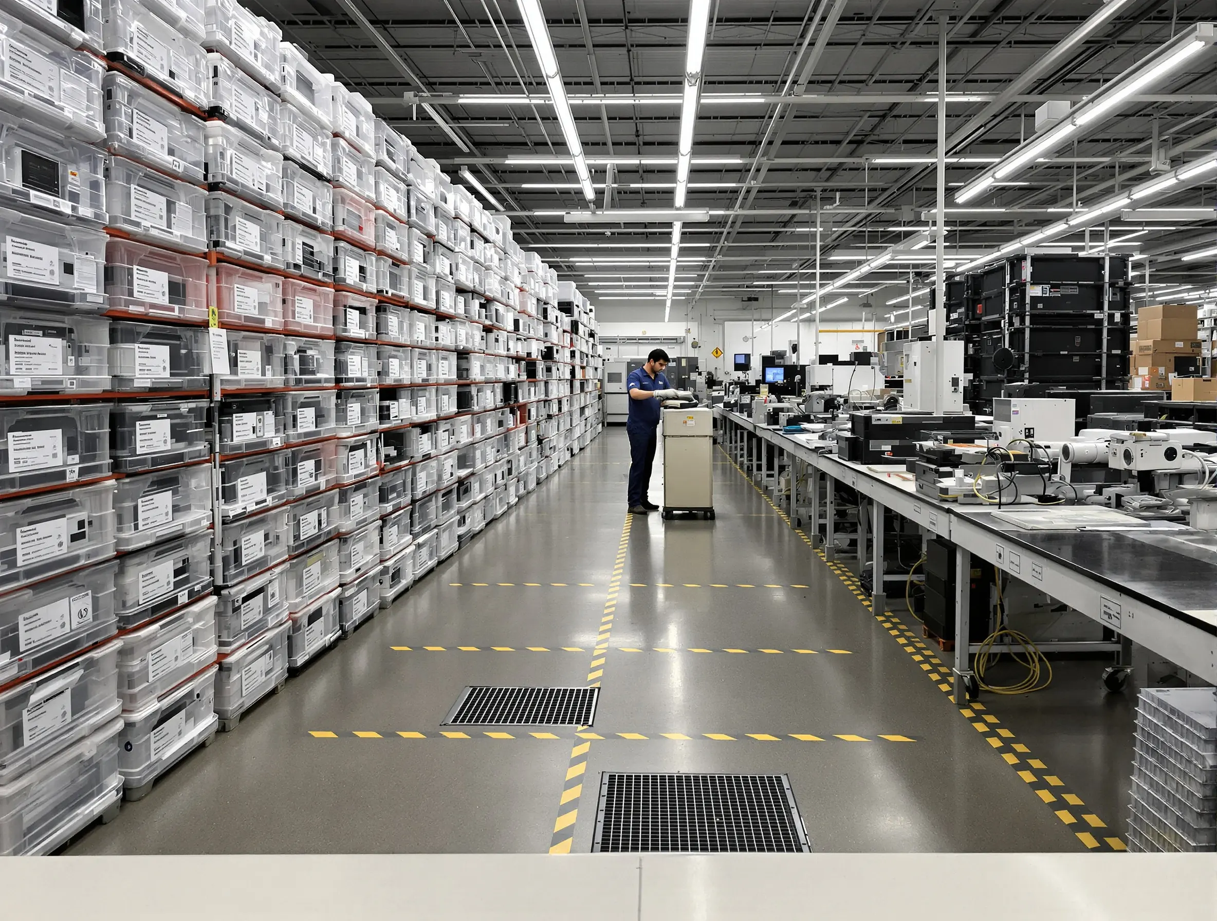 Technician working among intake shelving of electronics totes in a repair depot
