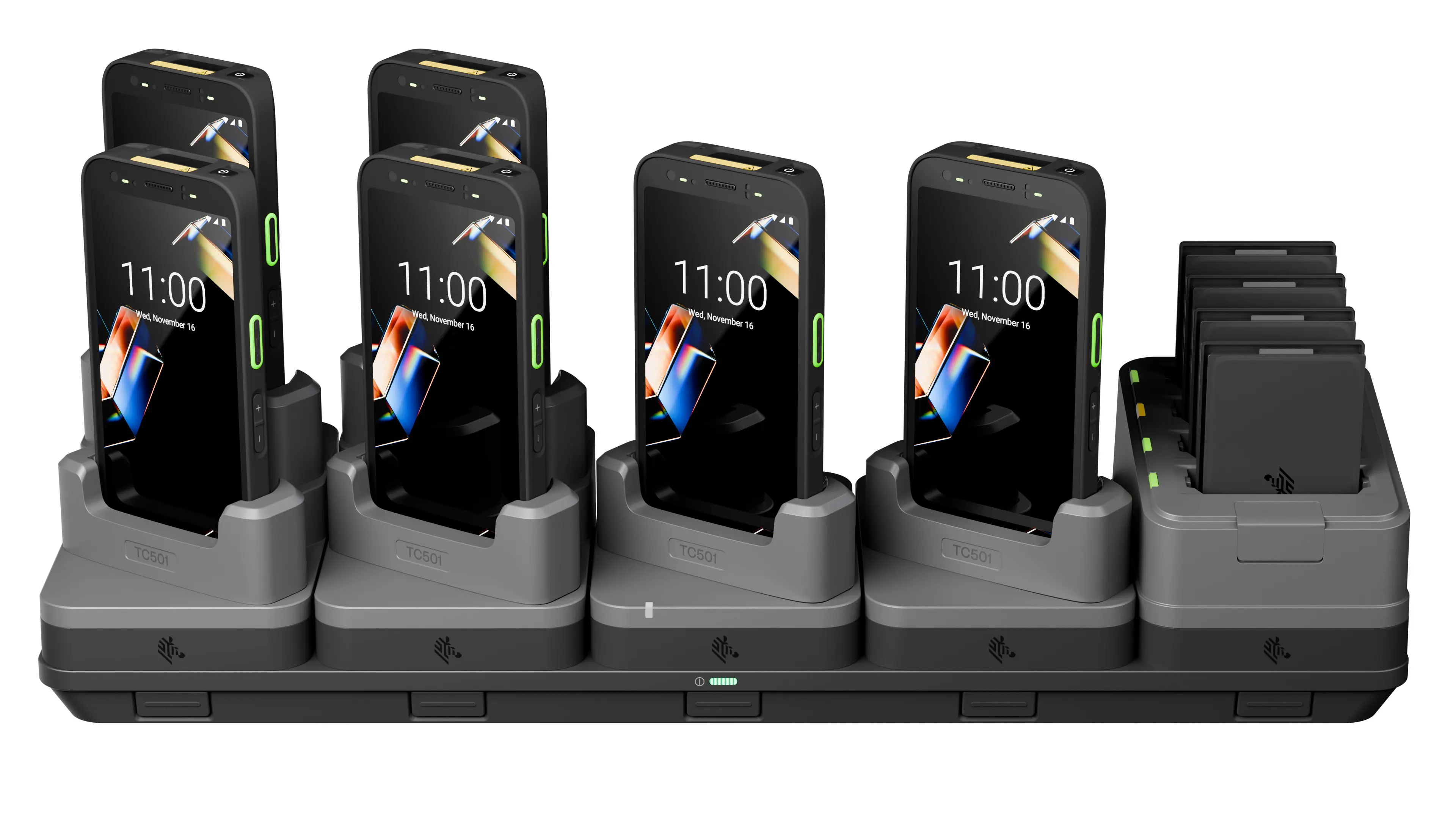 Multi-slot charging cradle holding six handheld mobile computers