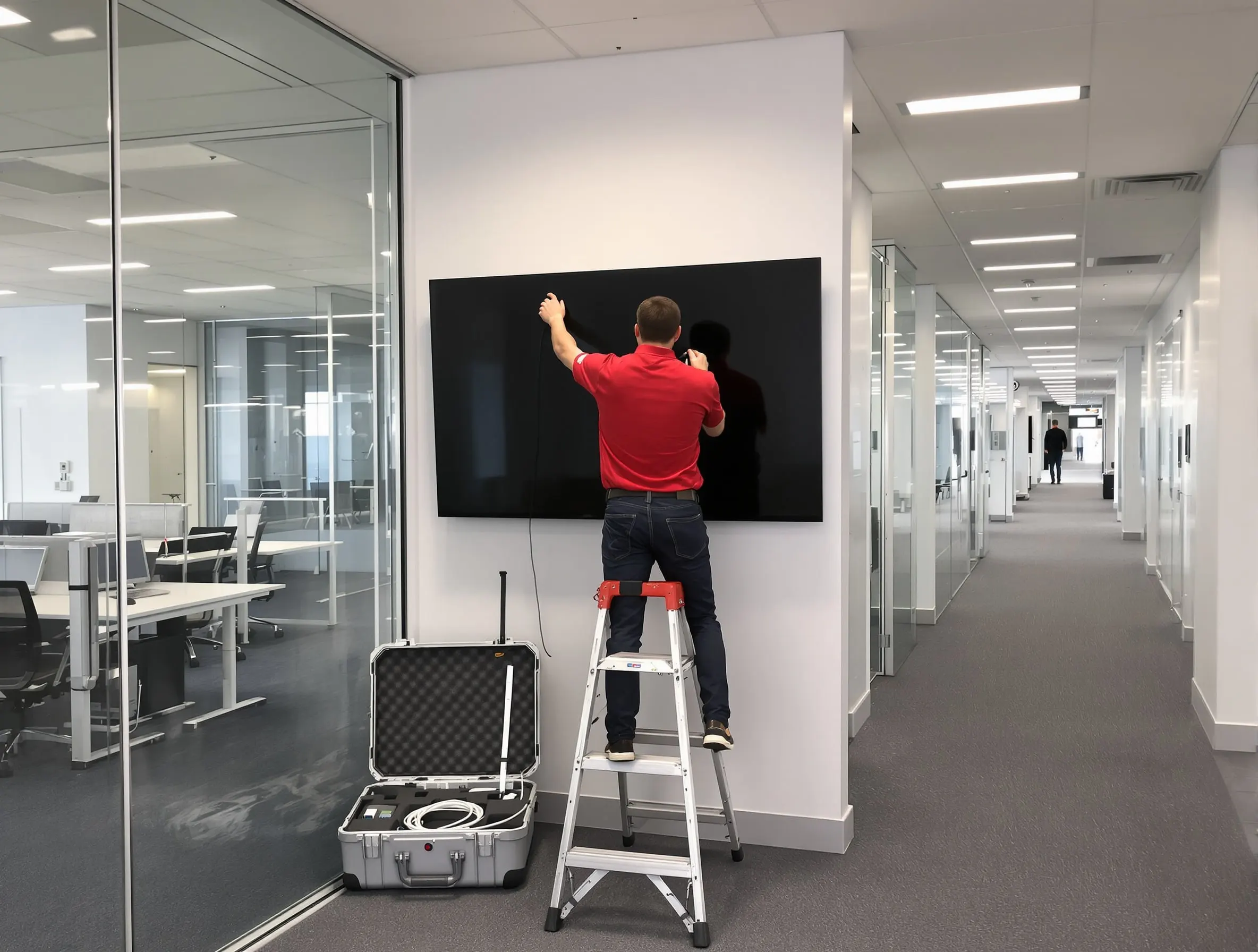 Field technician on a step ladder servicing a wall-mounted display in an empty office, tool case open on the floor