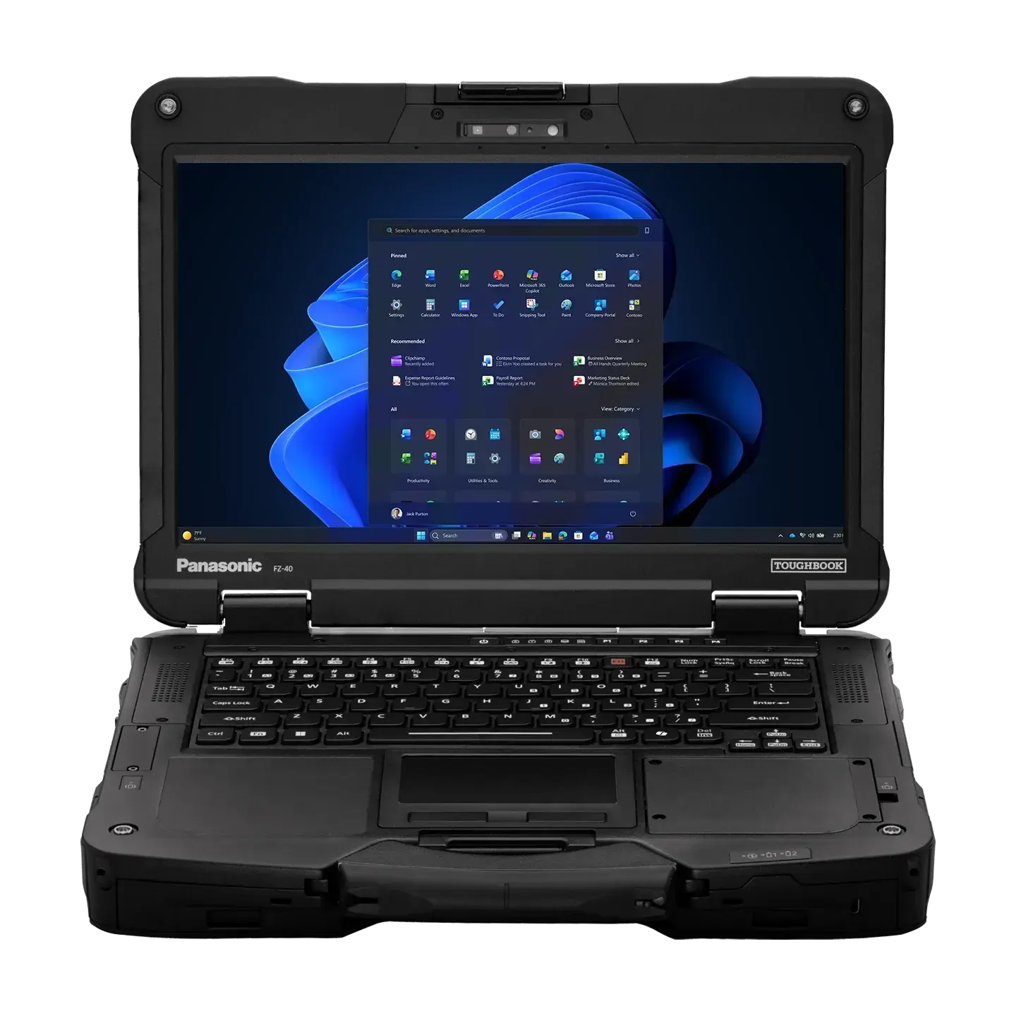 Fully rugged laptop with a reinforced case, open front view