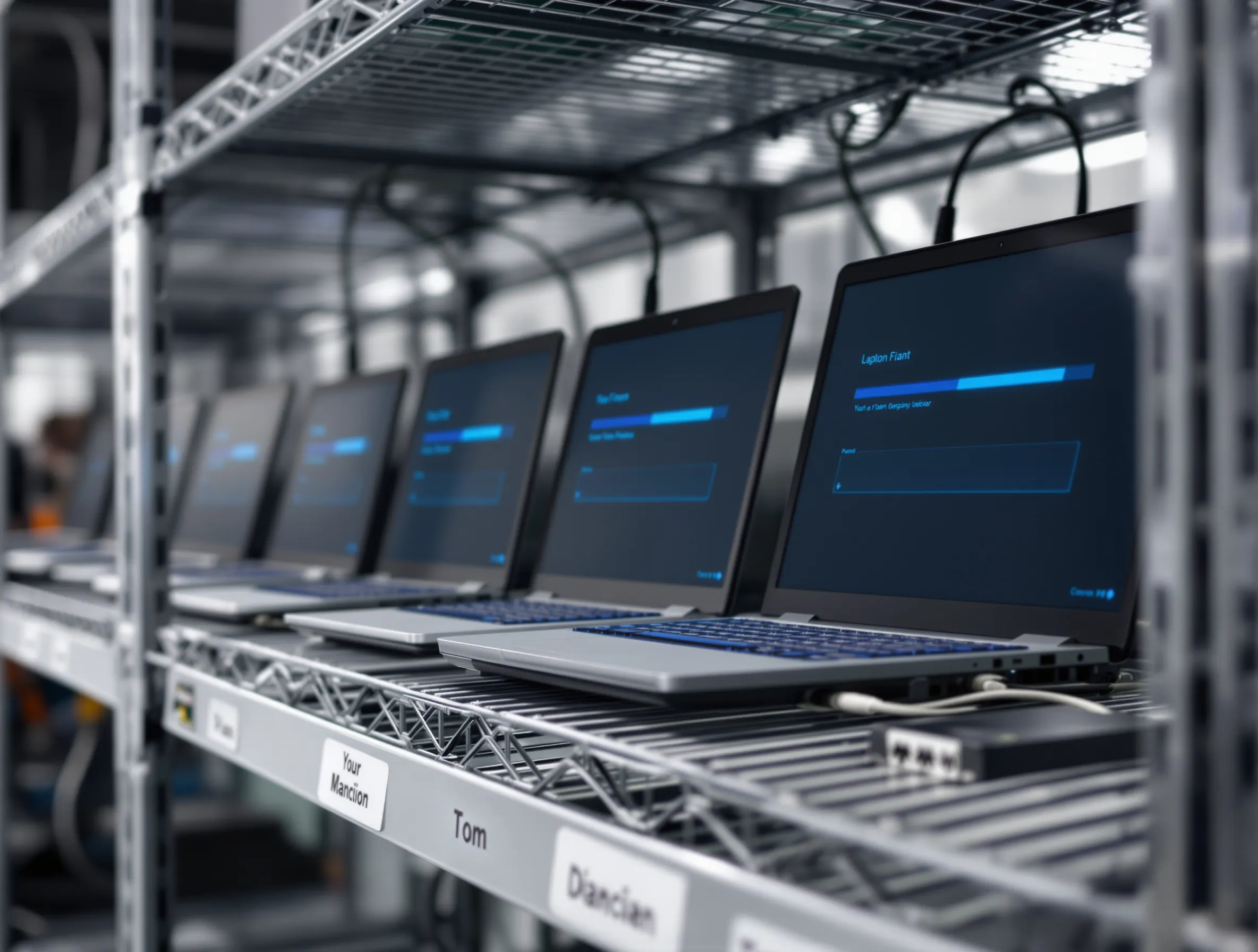 Row of open laptops on a wire shelving rack running disk-wipe software, each screen showing an erasure progress bar