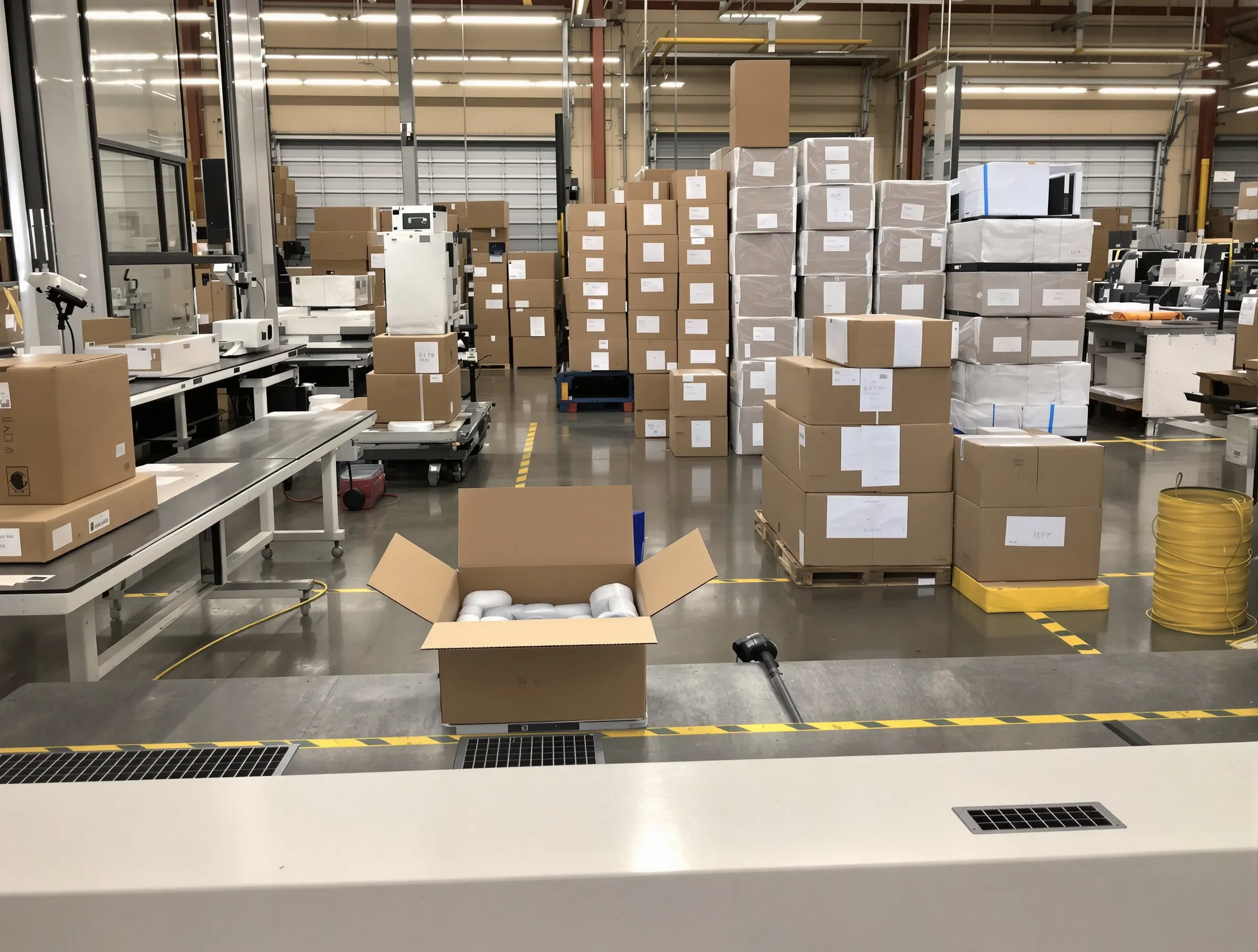 Labelled boxes stacked on pallets across the depot floor, with an open box of foam-wrapped units on a processing bench in the foreground