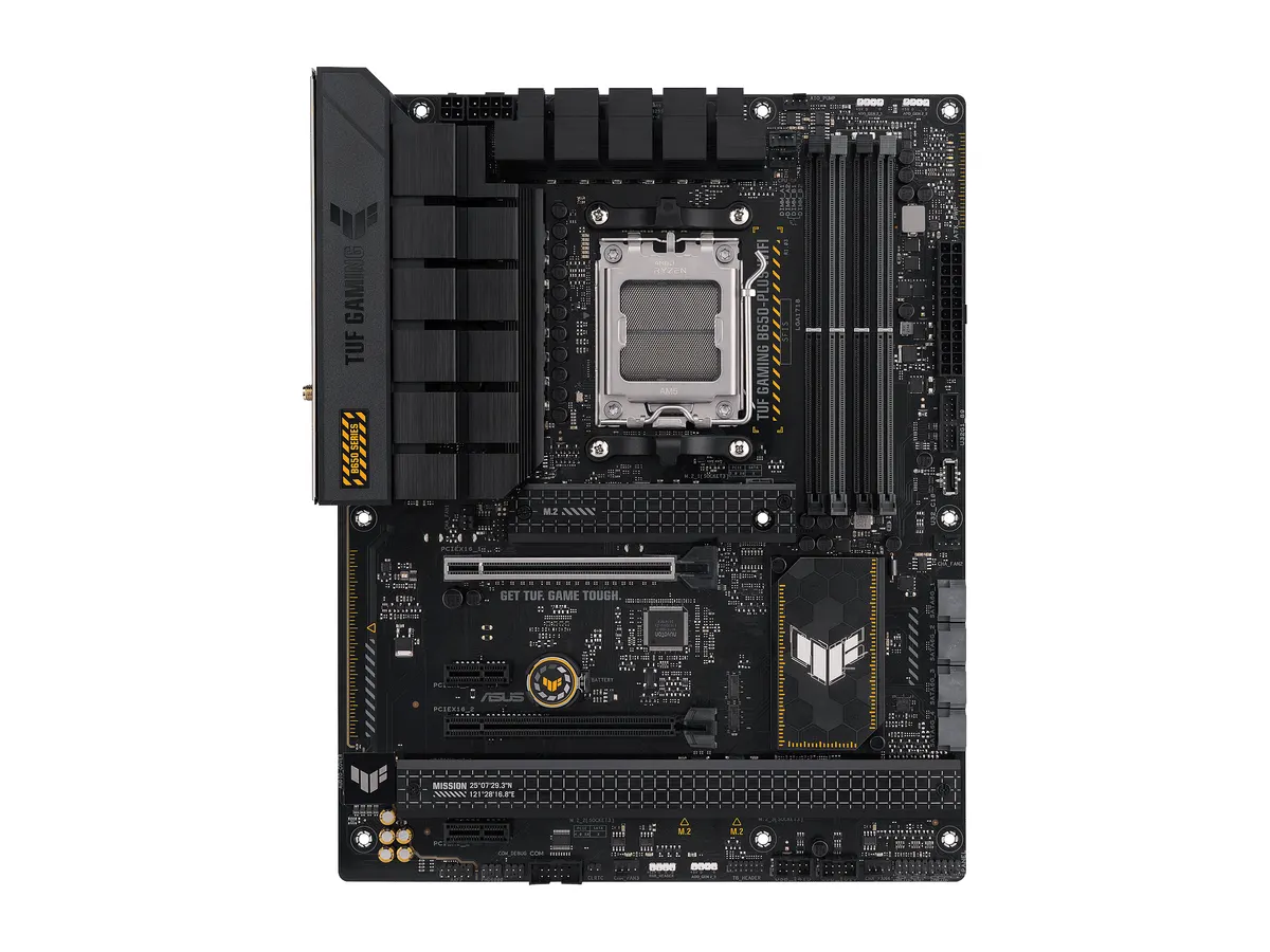 ATX desktop motherboard with CPU socket, DIMM slots, and heatsinks