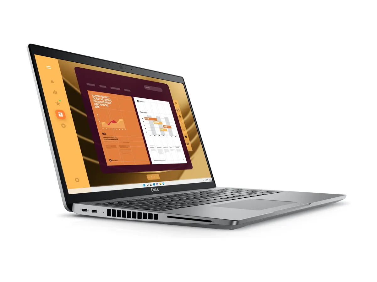 Business laptop open on a desk, screen facing forward