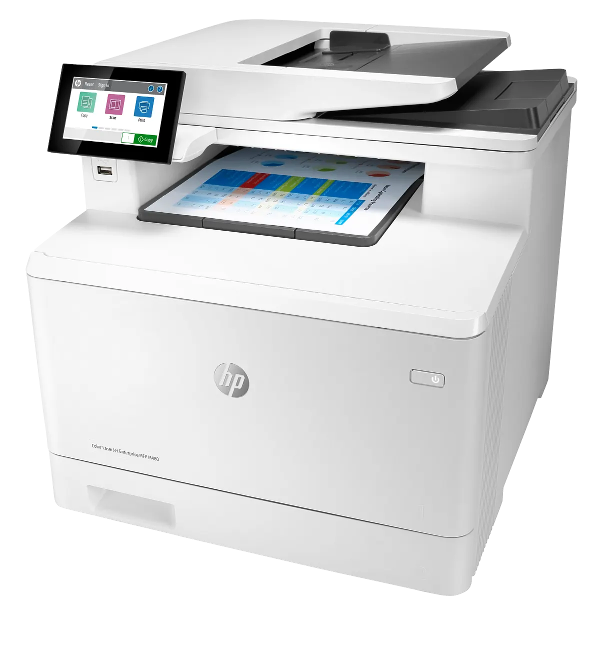Office colour multifunction printer with a document feeder and touchscreen panel