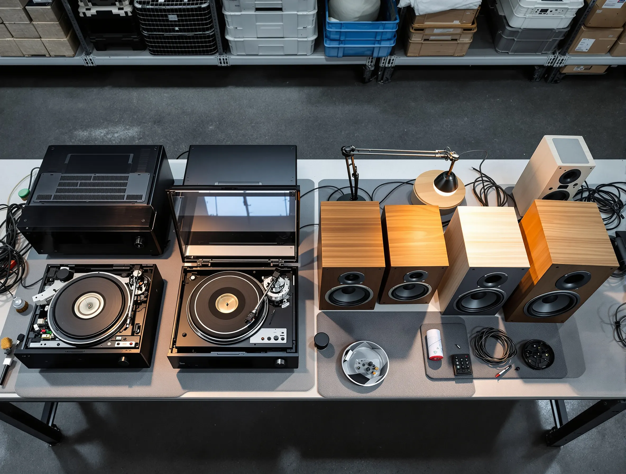 Depot bench laid out with consumer audio equipment mid-refurbishment: two turntables opened up, an amplifier, and a row of bookshelf speakers