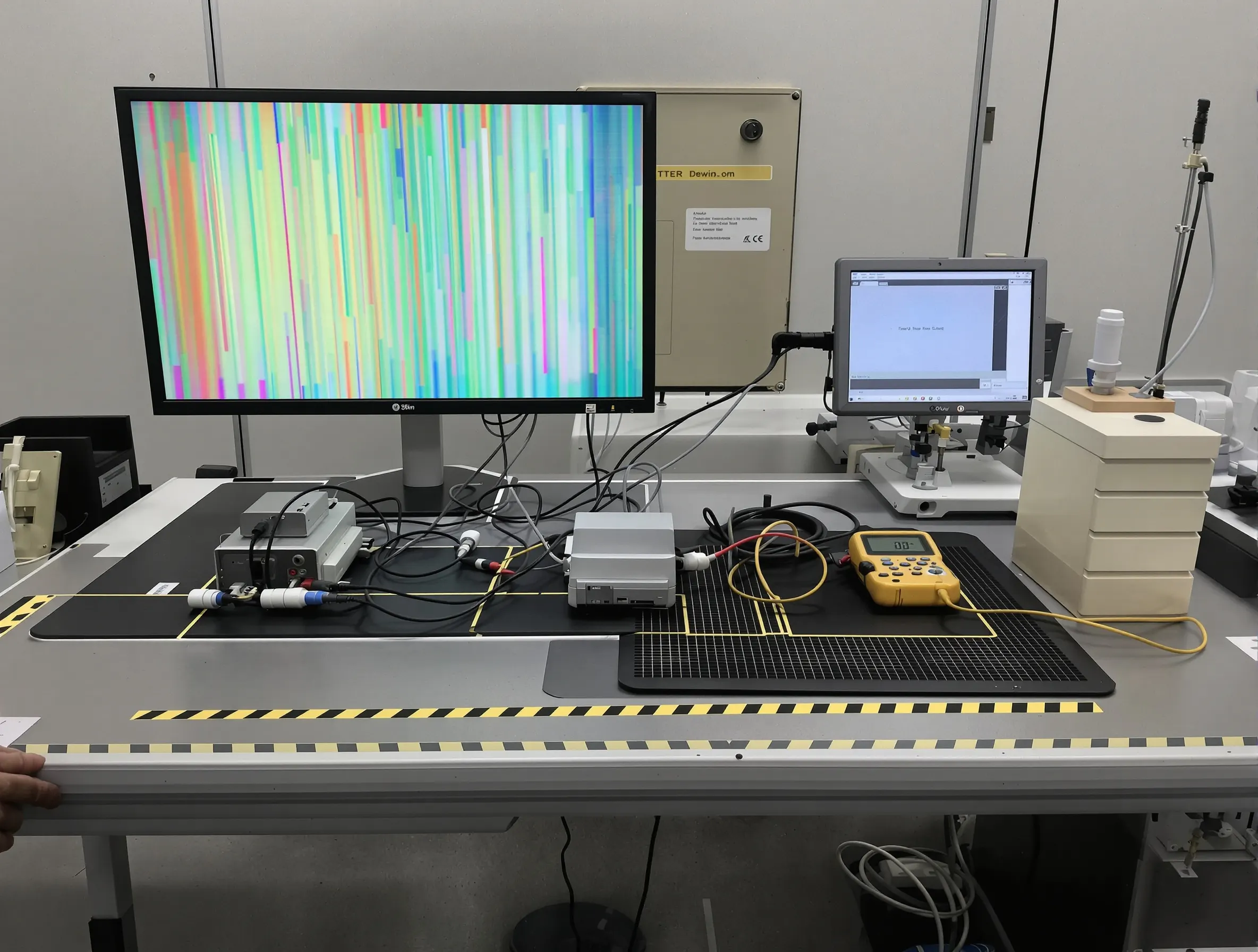 Electronics test bench with monitor, device under test, cabling, and multimeter