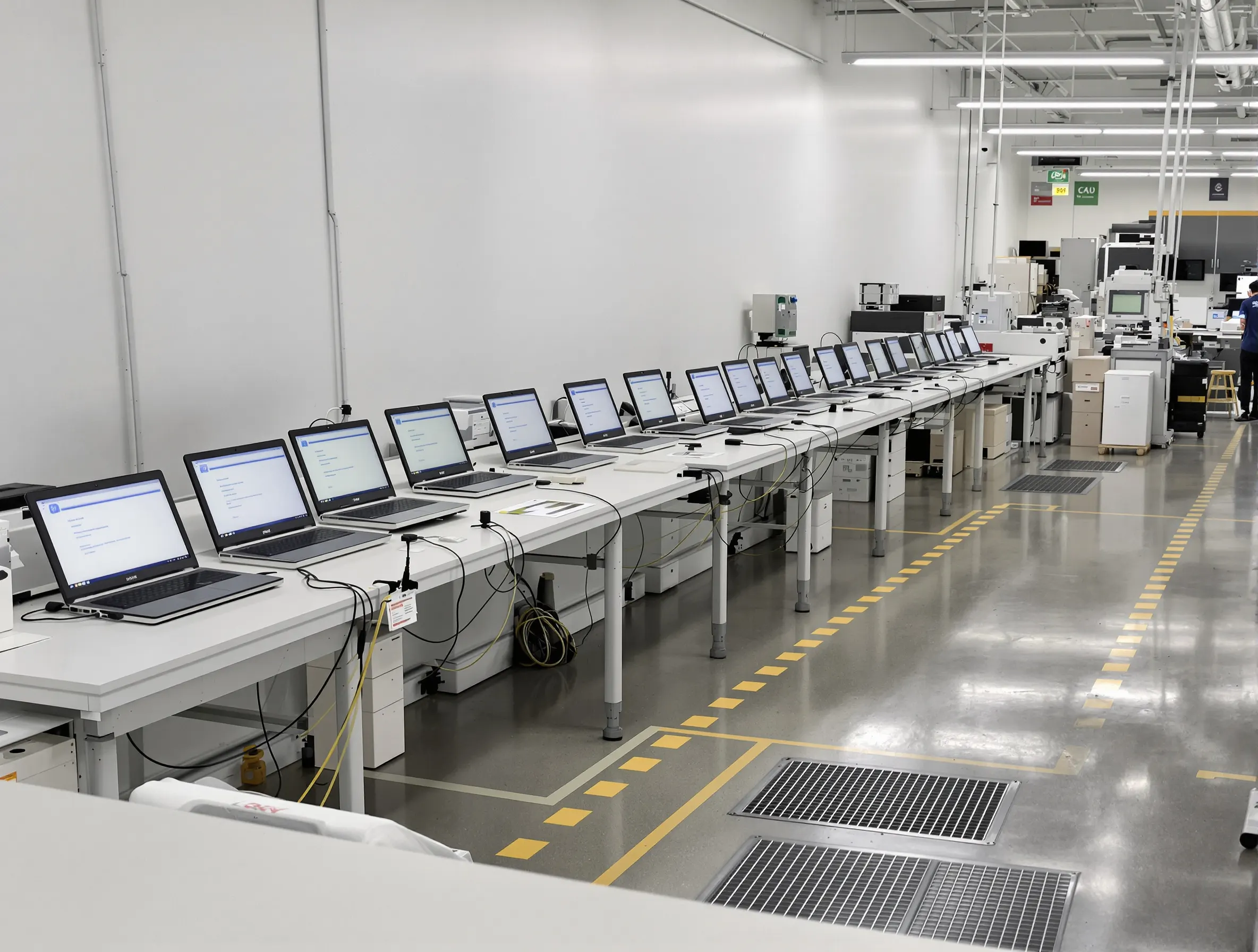 Long bench of identical laptops being imaged in rows with network cabling